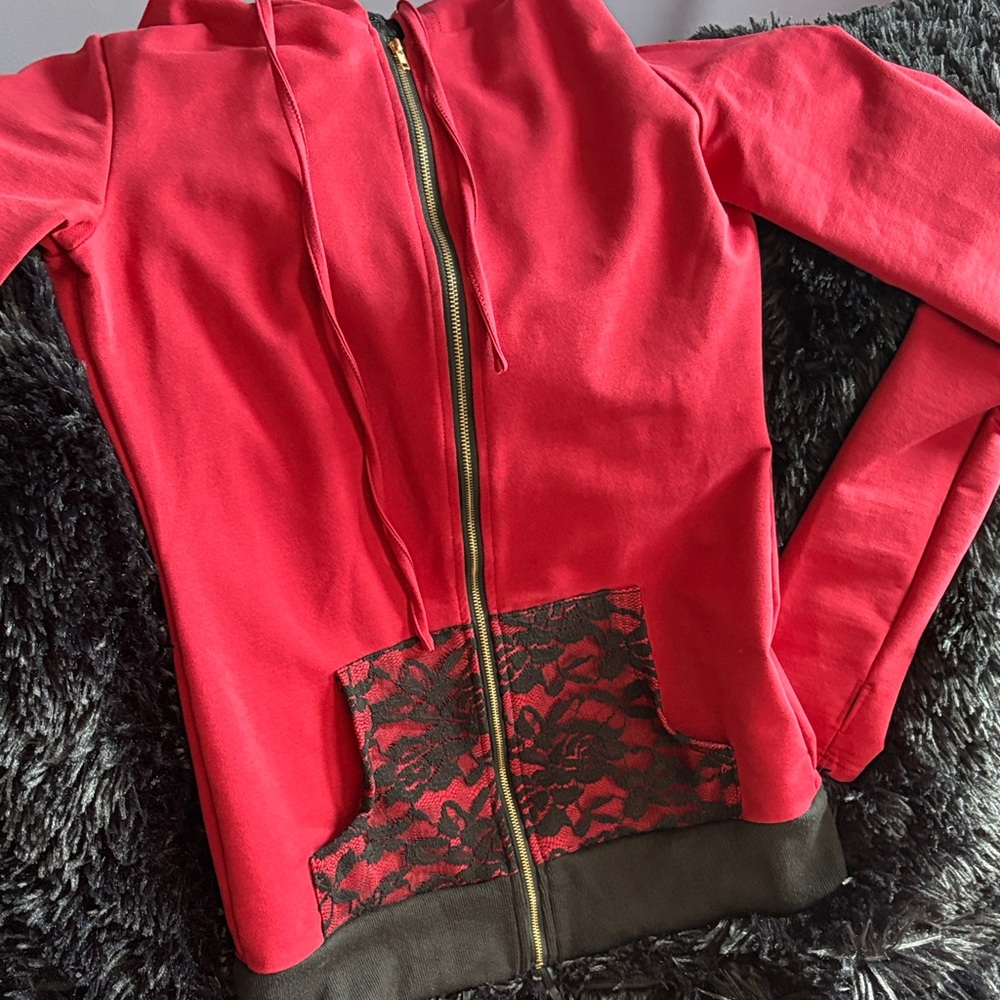 Red Shacket, Hooded with Lace Detail and lace up back